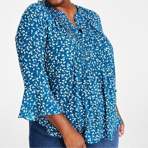 Plus Size Printed Pintuck Blouse Fauna Caspian Blue